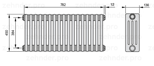 Схема (чертеж) Радиатор Zehnder Charleston 4045/17 №1270 Белый глянцевый RAL 9016